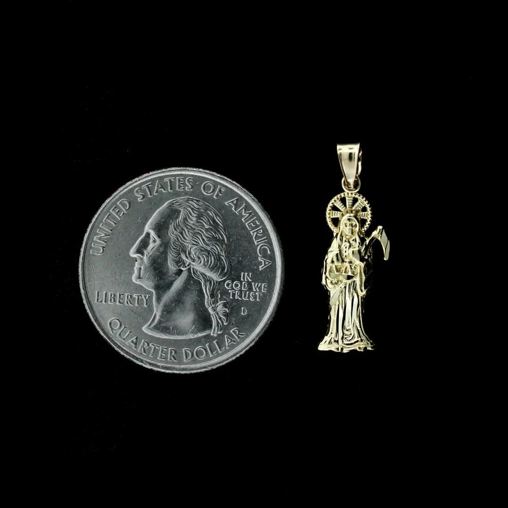 10K Yellow Gold Santa Muerte Grim Reaper Pendant & 2mm Rope Chain Necklace Set - Picture 4 of 9